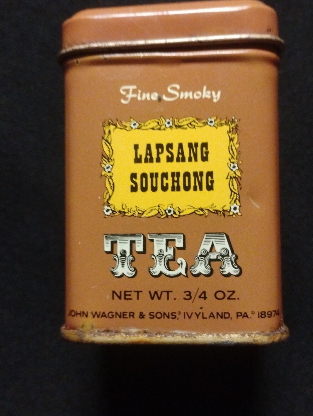 Vintage John Wagner & Sons Lapsang Souchong Tea Tin Brown Ivyland PA Mini